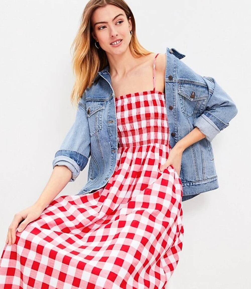 LOFT Gingham Smocked Strappy Maxi Pocket Dress Tango Red Sz 8 NWT {3M4}
